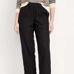 High-Waisted Linen-Blend Straight Pants